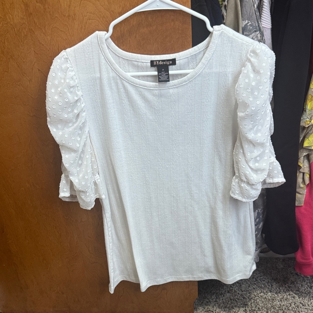 White Women's Top with Textured Puff Sleeves